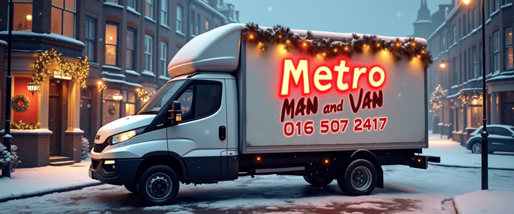 White Luton van with 'Metro Man and Van' branding and festive Christmas decorations on a snowy street