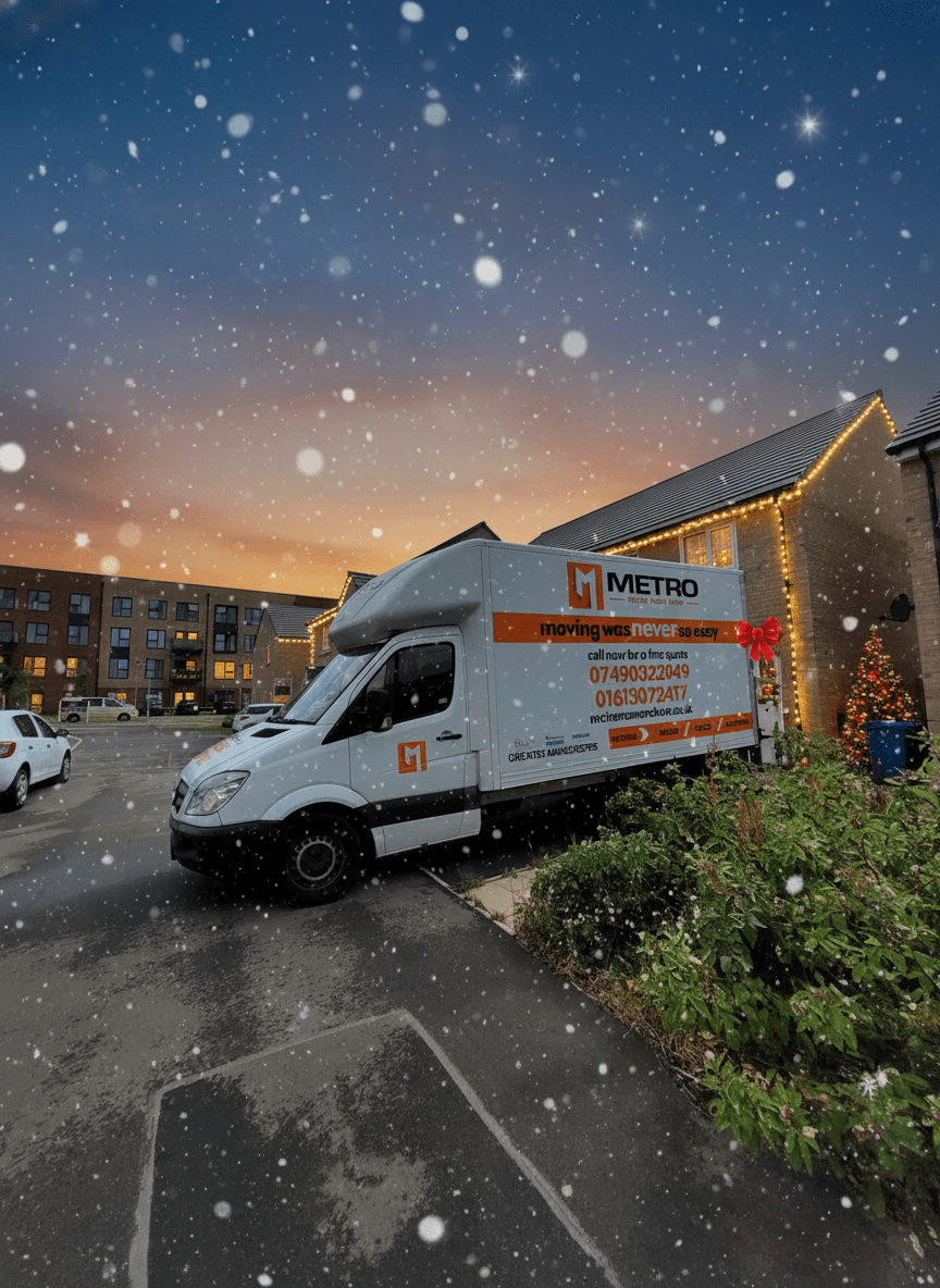 The Metro Man and van, decorated with a red bow, completing a perfect Manchester Christmas move at twilight